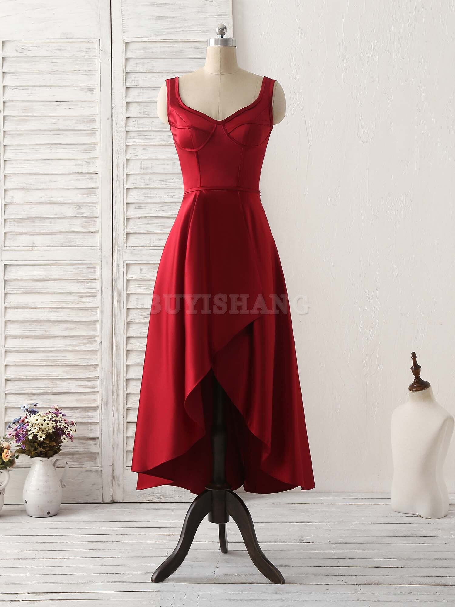 Buyishang Simple V Neck High Low Prom Dress Burgundy Evening Dress Bridesmaid dress shop